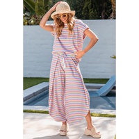 Pink Stripe Rainbow Tee Tasseled String Wide Leg Pants Set - L thumbnail