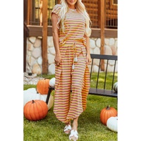 Yellow Stripe Rainbow Tee Tasseled String Wide Leg Pants Set - S thumbnail