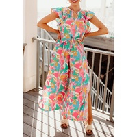 Floral Ruffled Sleeve Top Smocked Wide Leg Pants Set - M thumbnail