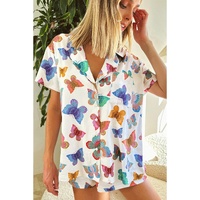 Multicolour Butterfly Pattern Short Sleeve Shirt Pajamas Set - XL thumbnail