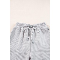 Light Grey Solid Textured Collared V Neck Top and Wide Leg Pants Set - S thumbnail