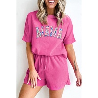 Rose Red MAMA Embroidered Leopard Letters Waffle Short Set - XL thumbnail