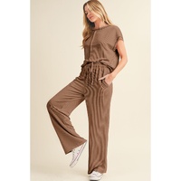 Coffee Solid Color Corded Short Sleeve Top and Casual Pants Set - M thumbnail