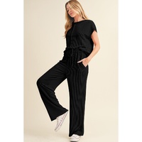 Black Solid Color Corded Short Sleeve Top and Casual Pants Set - M thumbnail