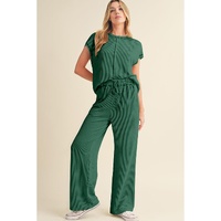 Blackish Green Solid Color Corded Short Sleeve Top and Casual Pants Set - S thumbnail