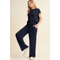 Navy Blue Solid Color Corded Short Sleeve Top and Casual Pants Set - XL thumbnail