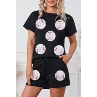 Black Trendy Texture Sequin Baseball Graphic Short 2pcs Set - XL thumbnail