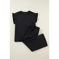 Black Ruffled Sleeve Summer Top and Cropped Loose Pants Set - S thumbnail