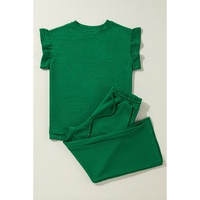 Dark Green Ruffled Sleeve Summer Top and Cropped Loose Pants Set - XL thumbnail