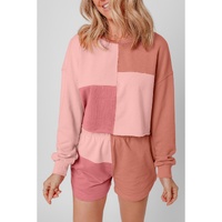 Peach Blossom Colorblock Patchwork Long Sleeve Shorts Outfit - M thumbnail