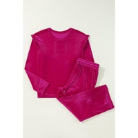 Rose Red Solid Velvet Ruffled Two Piece Pants Set - S thumbnail