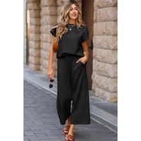 Black Solid Color Textured Short Sleeve Top and Casual Pants Set - S thumbnail