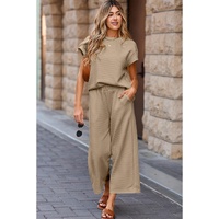 Parchment Solid Color Textured Short Sleeve Top and Casual Pants Set - L thumbnail