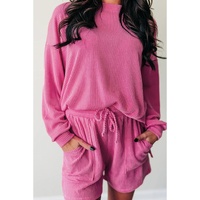 Strawberry Pink Corded Textured Long Sleeve Top and Shorts Set - L thumbnail