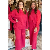 Strawberry Pink Checkered Textured Split Pullover Top and Pants Set - S thumbnail