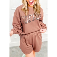 Straw Yellow Sequined COFFEE Loose Fit Sweatshirt and Shorts Set - M thumbnail