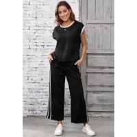 Black Cable Knit Contrast Trim Short Sleeve Top and Pants Set - L thumbnail