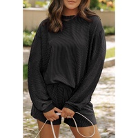 Carbon Grey Corded Knit Long Sleeve Top and High Waist Shorts Set - L thumbnail