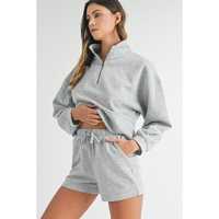 Light Grey Stand Neck Zipped Sweatshirt and Shorts Set - S thumbnail