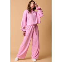 Bonbon Solid Color Drawstring Long Sleeve Top and Pants Set - L thumbnail
