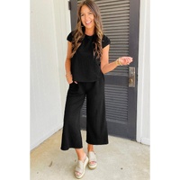 Color black Textured Knit Cap Sleeve T Shirt and Wide Leg Pants Set - S thumbnail