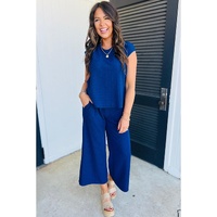 Sky Blue Textured Knit Cap Sleeve T Shirt and Wide Leg Pants Set - M thumbnail
