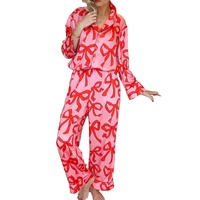 Pink 2pcs Bow Print Shirt Style Long Sleeve Pajama Set - XL thumbnail