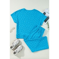 Blue Leopard Jacquard Short Sleeve Top and Wide Leg Pants Set - S thumbnail
