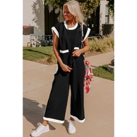 Black Color Block Pocketed T Shirt and Wide Leg Pants Set - S thumbnail