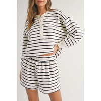 Black white Stripes Printed Half Button Long Sleeve Top and Shorts Set - L thumbnail