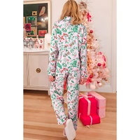 Pink Christmas Berries Plant Print Satin Long Sleeve Pajama Set - L thumbnail