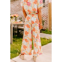 Orange Vibrant Floral Printed Short Sleeve Top 2 Piece Pants Set - L thumbnail