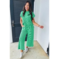 Bright Green Solid Corded Knit Short Sleeve T Shirt and Wide Leg Pants Set - XL thumbnail
