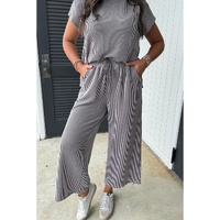 Wild Wind Solid Corded Knit Short Sleeve T Shirt and Wide Leg Pants Set - S thumbnail