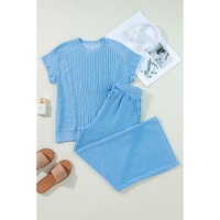 Blue Solid Corded Knit Short Sleeve T Shirt and Wide Leg Pants Set - M thumbnail