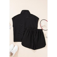 Black Textured Half Zip Kangaroo Pocket Top Drawstring Shorts Set - S thumbnail