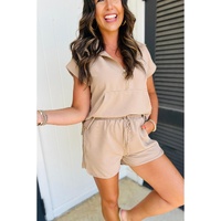 Parchment Textured Half Zip Kangaroo Pocket Top Drawstring Shorts Set - M thumbnail