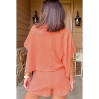 Pale Chestnut Textured Patched Pocket Short Sleeve Top Drawstring Shorts Set - M thumbnail