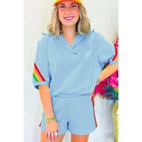 Sky Blue Rainbow Colorblock Collared Short Sleeve Top 2 Piece Shorts Set - S thumbnail
