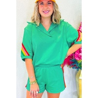 Sea Green Rainbow Colorblock Collared Short Sleeve Top 2 Piece Shorts Set - XL thumbnail
