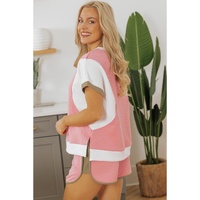 Pink Textured Colorblock Patchwork Tee Two Piece Shorts Set - L thumbnail
