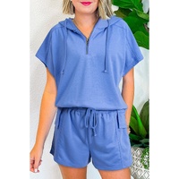 Sky Blue Casual Zipped Short Sleeve Hoodie and Shorts Set - L thumbnail