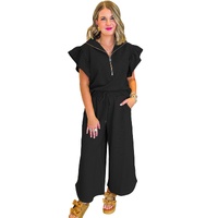 Black Textured Ruffled Sleeve Zipped Top and Wide Leg Pants Set - XL thumbnail