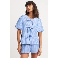 Sky Blue Striped Bowknot Detail Puffy Sleeve Top and Shorts 2Pcs Set - XL thumbnail