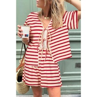 Red Stripe Lace-up Front Top and High Waist Shorts Set - XL thumbnail