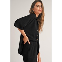 Black Solid Color Textured Buttoned Shirt and Casual Pants Set - S thumbnail
