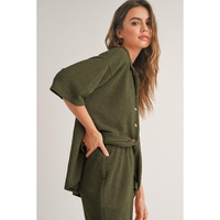 Four Leaf Clover Solid Color Textured Buttoned Shirt and Casual Pants Set - S thumbnail