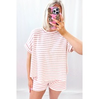 Pink Stripe Knitted Short Sleeve Top and Drawstring Shorts Set - M thumbnail