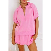 Pink Half Zip Puff Sleeve Top and Ruffled Shorts Set - S thumbnail