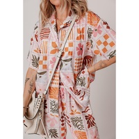 Orange Plant Checkered Print Collared Shirt and Wide Leg Pants Set - M thumbnail